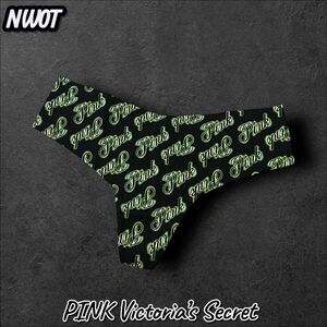 NWOT PINK Victoria’s Secret No Show Thong – Black & Green Logo Print